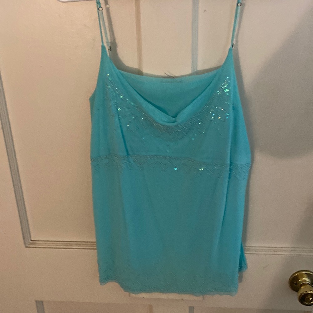 Turquoise spaghetti strapped shirt with beads and sequins